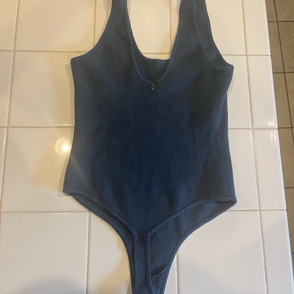 Blue Ribbed Thong Bodysuit - Picture 2 of 3